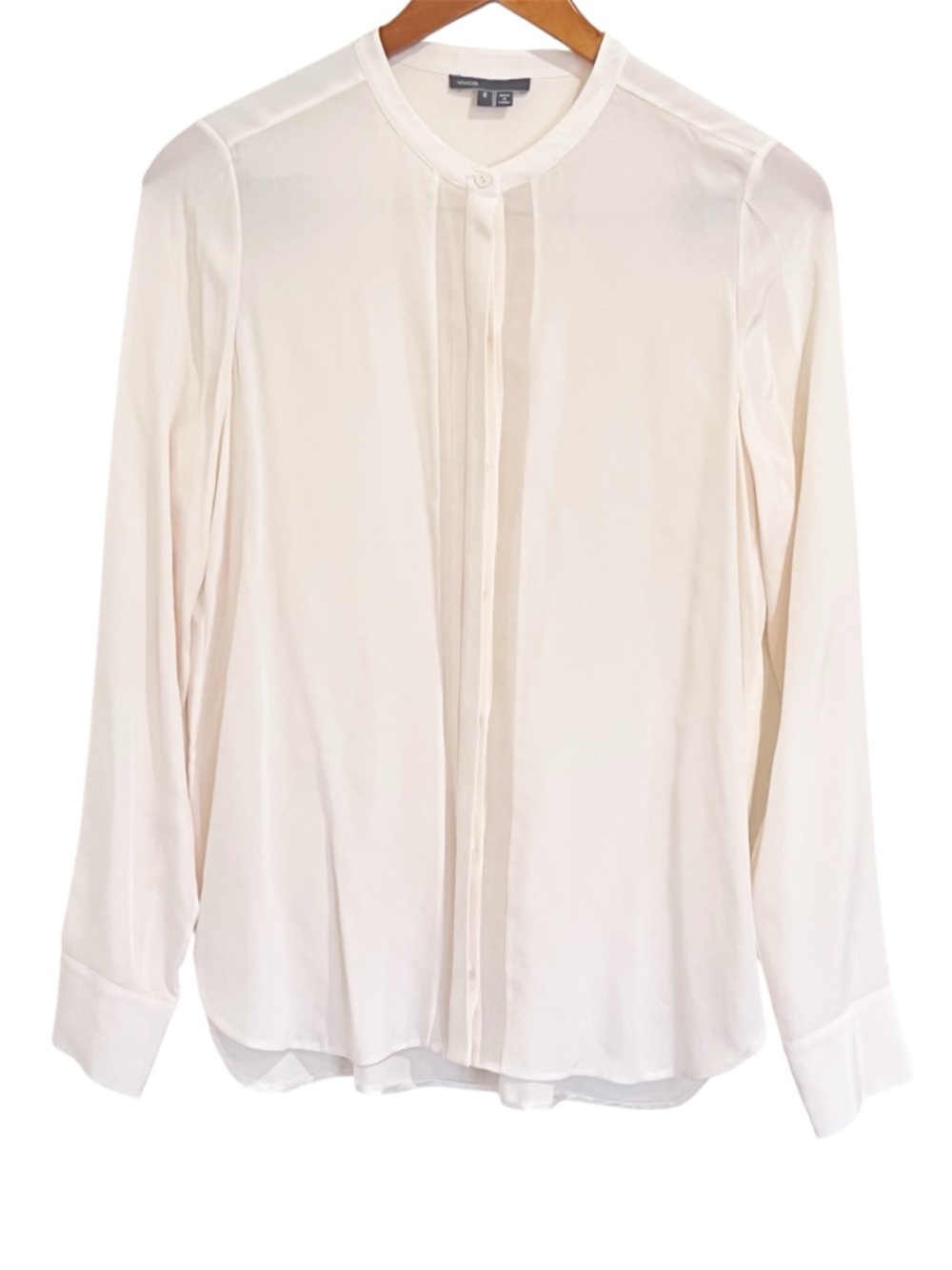 EUC Vince Ivory Band Collar Long Sleeve Button Mesh Front Silk Shirt